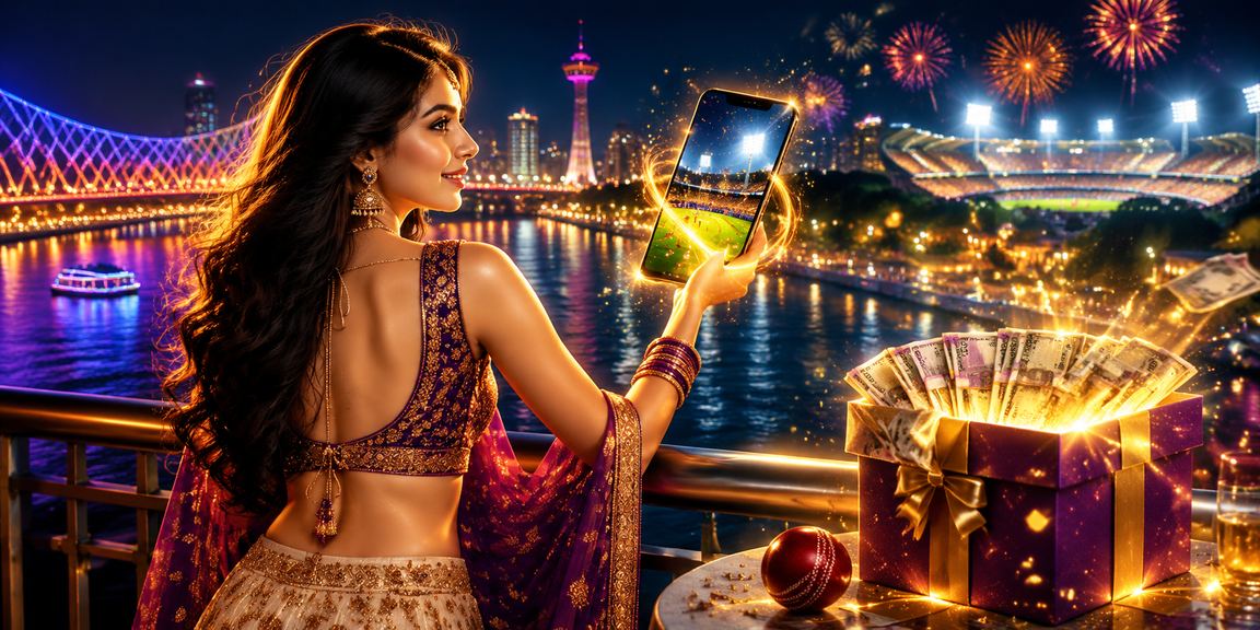 Woman accessing live casino games via mobile phone at Ahmedabad riverfront