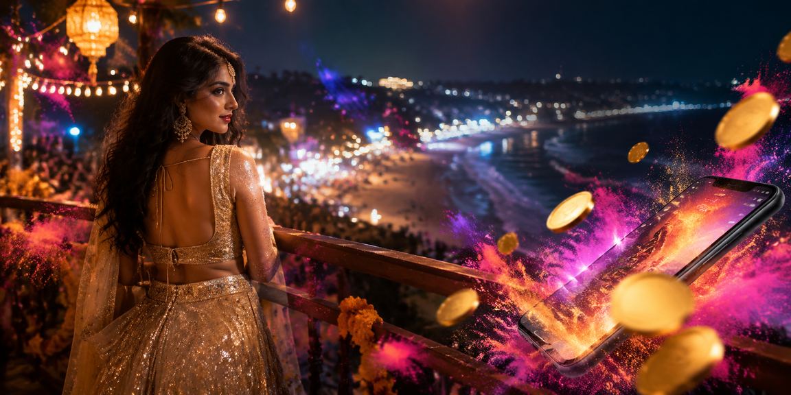 User placing cricket bets on mobile device in India wearing lehenga in festival setting