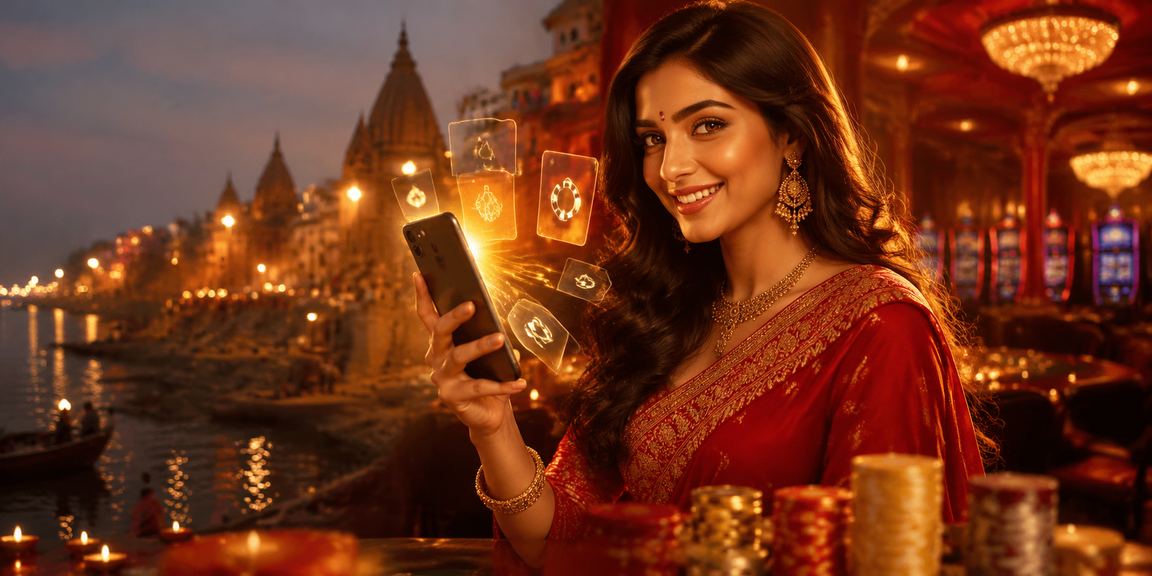 Player enjoying Aviator game on mobile device with rich red-gold theme in Varanasi
